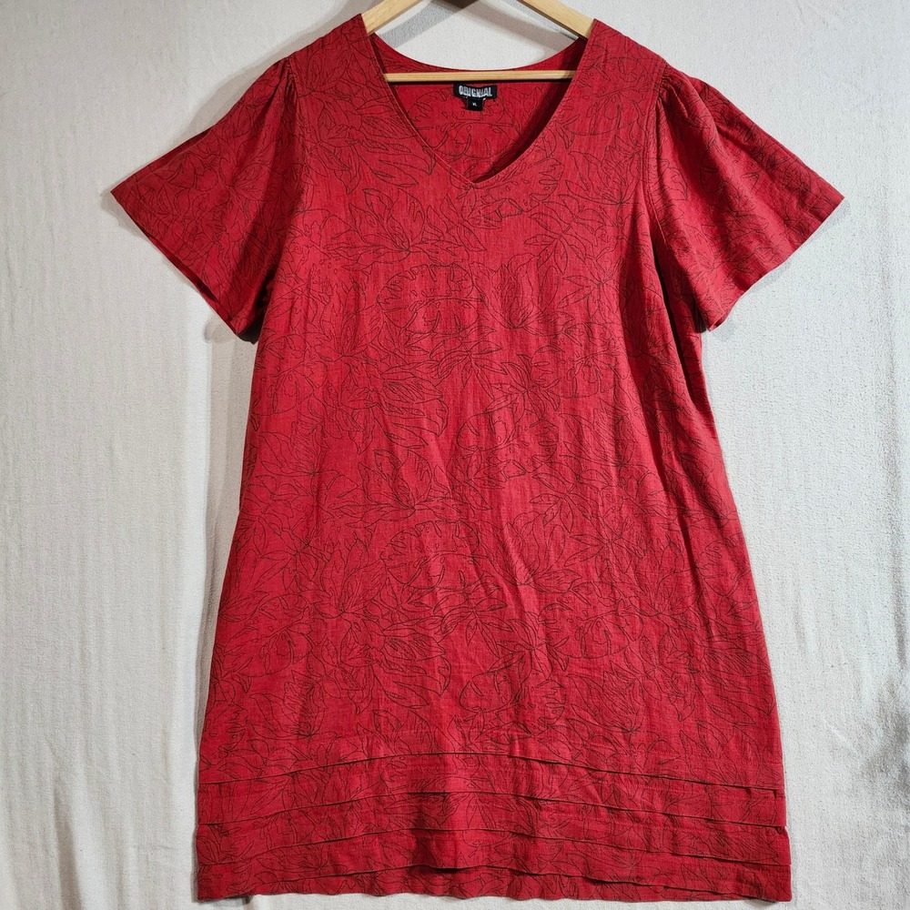Original Nicole Miller Red Linen Floral Short Sleeve V Neck‎ Tiered Hem Dress XL